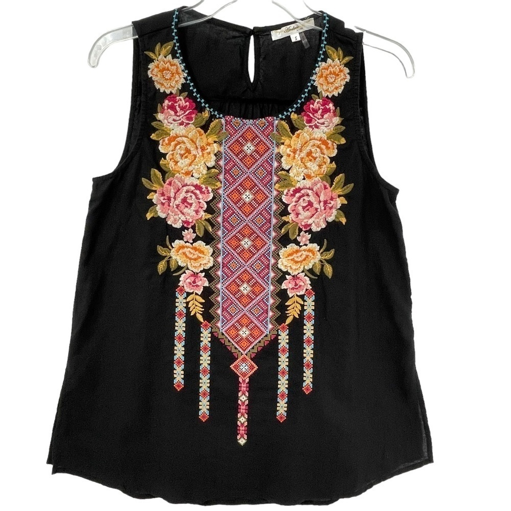 ANDREE By Unit Linen Blend Sleeveless Floral Embroidered Tank Tunic - Sz S